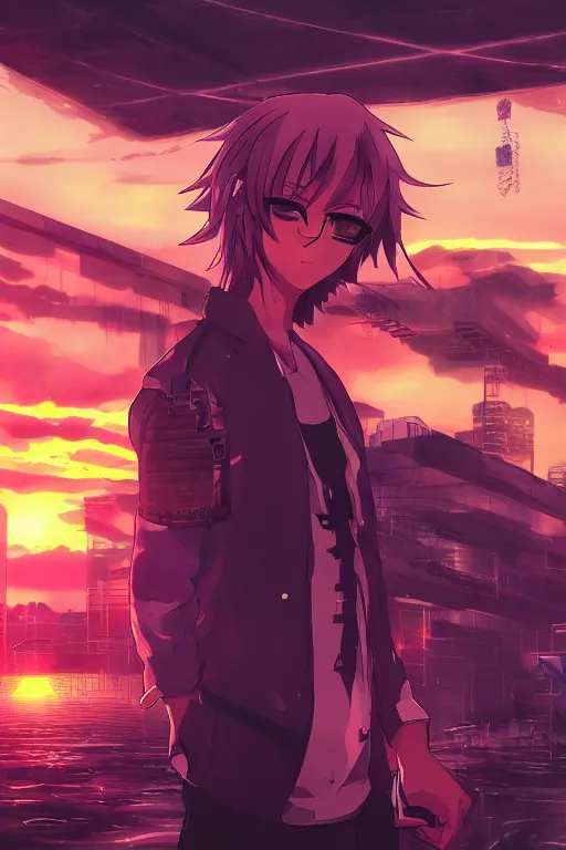 Prompt: beautiful anime man in a cyberpunk environment, sunset, very accurate and detailed, 8k