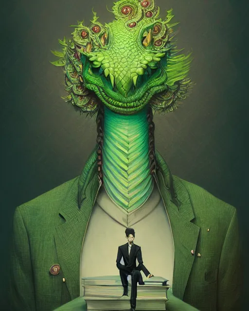 Image similar to anthropomorphic art of a businessman dragon, green dragon, portrait, victorian inspired clothing by artgerm, victo ngai, ryohei hase, artstation. fractal papers and books. highly detailed digital painting, smooth, global illumination, fantasy art by greg rutkowsky, karl spitzweg