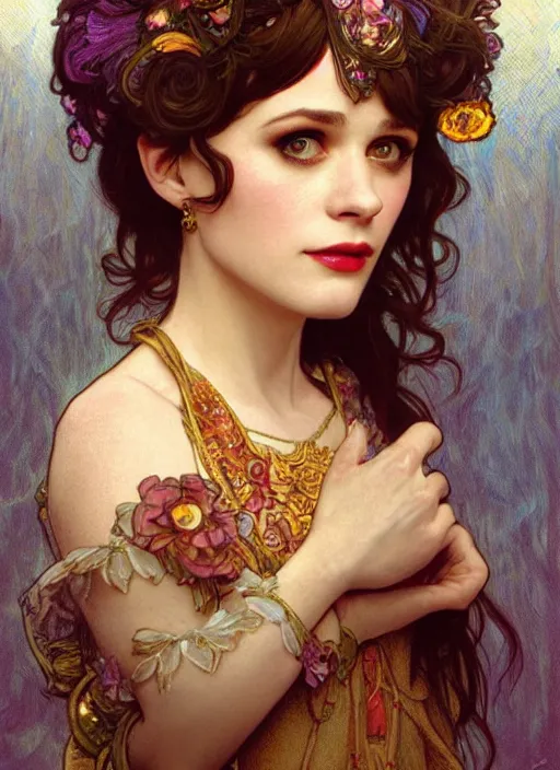 Prompt: Zooey Deschanel as God of Naivety, cute, fantasy, intricate, elegant, highly detailed, digital painting, 4k, HDR, concept art, smooth, sharp focus, illustration, art by alphonse mucha,artgerm, H R Giger