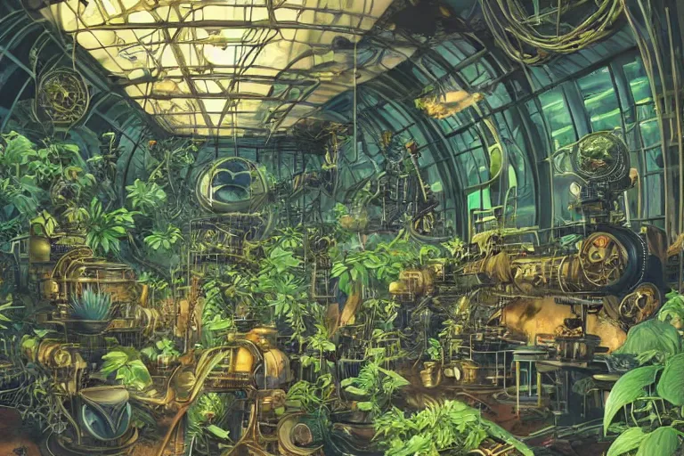 Prompt: Inside a steampunk machine room with lush vegetation growing around the machines, tropical trees, large leaves, flowers, space galaxy stars planets showing thought the windows, beatifully lit, vintage science fiction illustration