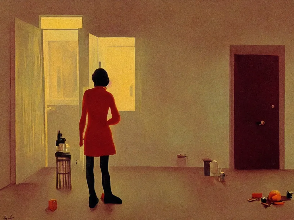 Prompt: lone girl waiting inside the 70s clockwork orange toilet, stanley kubrick the shinning, american gothic, vibrant colors americana, Salvador Dalí interior setting, cinematic, volumetric lighting, ultra wide angle view, realistic, detailed painting in the style of Edward Hopper and René Magritte