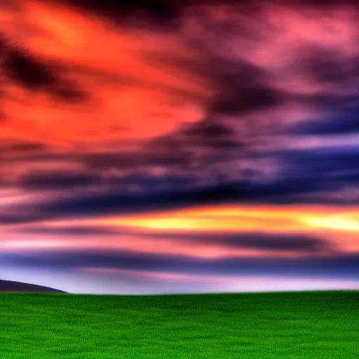 Prompt: windows xp default wallpaper, but during the dusk