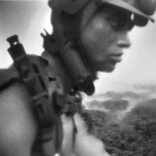 Prompt: film still, extreme far view, ferdinand marcos, jungle vietnam, door gunner, apocalypse now, associated press, 2 6 mm, blue tint expired film