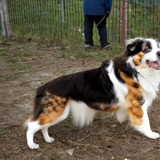 Image similar to australian shepherd being a good boy in hell