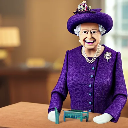 Image similar to queen elizabeth minecraft figurine on a table, professional photo