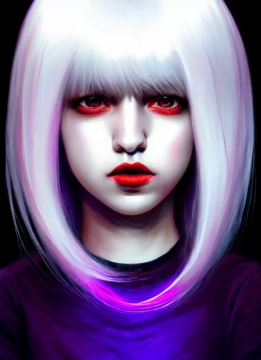 Image similar to hair whitebangs hair, black hair, blackbangswhitehair, portrait of teenage girl with white bangs, red irises, purple clothes, white bangs, bangs are different color from hair, intricate, elegant, glowing lights, highly detailed, digital painting, artstation, concept art, sharp focus, illustration, art by wlop, mars ravelo and greg rutkowski