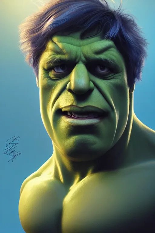 Image similar to Boris Johnson as Hulk, visible face, Boris Johnson hairstyle, full body realistic portrait, gold and blue, highly detailed, digital painting, artstation, concept art, smooth, sharp focus, illustration, cinematic lighting, art by artgerm and greg rutkowski and alphonse mucha