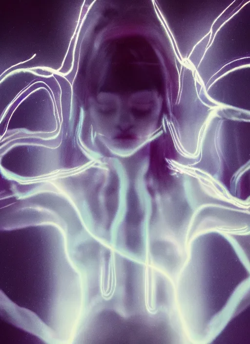 Image similar to a symmetrical female astral projection, liquid glowing aura, motion blur, film grain, cinematic lighting, experimental film, shot on 1 6 mm