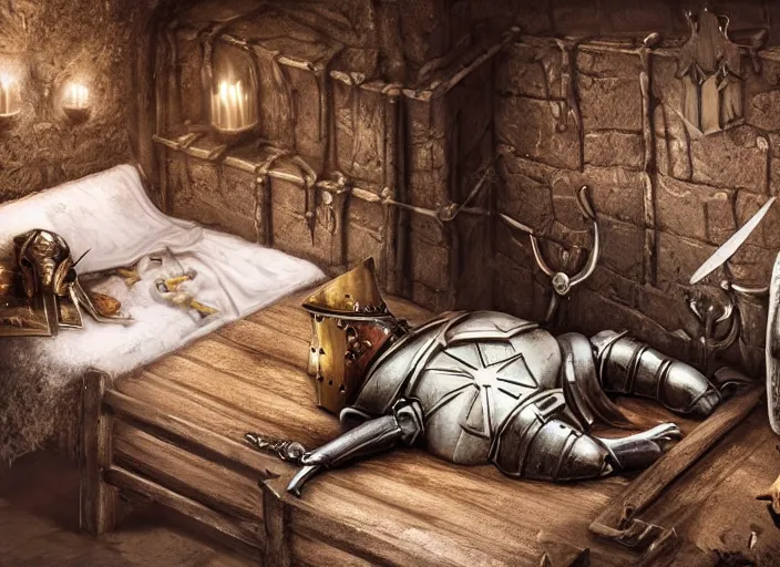 Image similar to a beautiful composition detailed photograph of a dead poisoned armored knight paladin lying in a wooden bed in a cell in a dungeon. strong knight. wooden bed. a rat looking the corpse