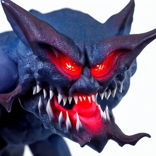 Image similar to detailed full body of scary giant mutant dark blue humanoid pygmy-bat, glowing red eyes, sharp teeth, acid leaking from mouth, realistic, giant, bat ears, bat nose, furred, detailed, 85mm f/1.4