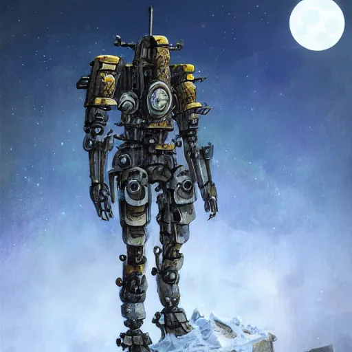 Prompt: portrait concept painting of a rampaging ashigaru mecha construct, on an icy mountaintop, moonlight, of bamboo, laquer and steel, steampunk - inspired by brian froud and greg rutkowski and jessica rossier