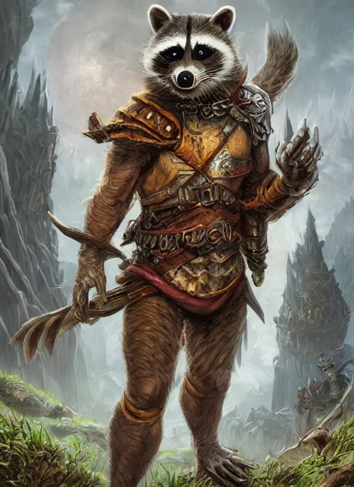 Image similar to human racoon animorphic, ultra detailed fantasy, dndbeyond, bright, colourful, realistic, dnd character portrait, full body, pathfinder, pinterest, art by ralph horsley, dnd, rpg, lotr game design fanart by concept art, behance hd, artstation, deviantart, hdr render in unreal engine 5