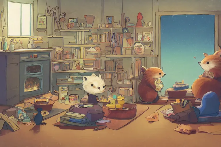 Image similar to color key, Daisuke Tsutsumi, Robert Kondo, cute fluffy badgers washing dishes, underground in a hovel, fish eye lens,kitchen table, comfy chairs, cosy fireplace, clutter everywhere, stack of books on side table, rug on floor by fireplace, family framed on the wall, cosy