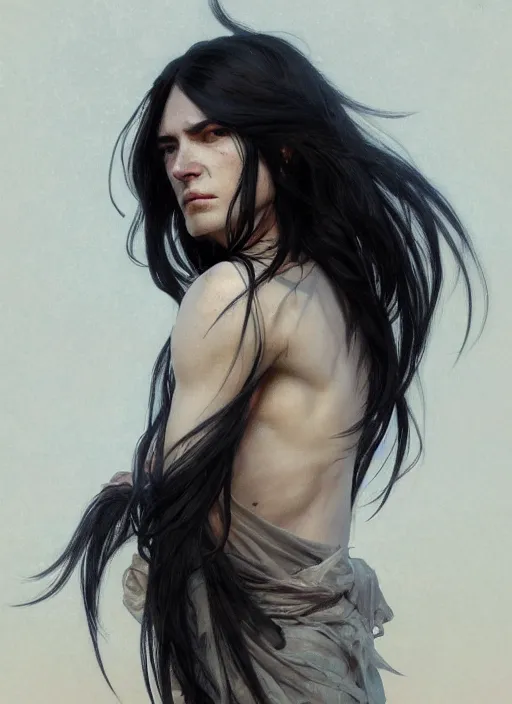 Image similar to An androgynous man with long black hair and a partially skeletal face, highly detailed, digital painting, artstation, concept art, sharp focus, illustration, art by greg rutkowski and alphonse mucha