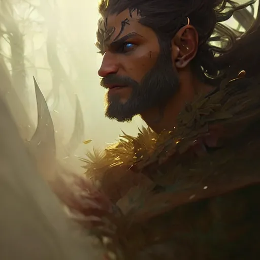 Prompt: male, warrior, forest, D&D, fantasy, intricate, elegant, highly detailed, digital painting, artstation, octane render, concept art, matte, sharp focus, illustration, hearthstone, art by Artgerm and Greg Rutkowski and Alphonse Mucha