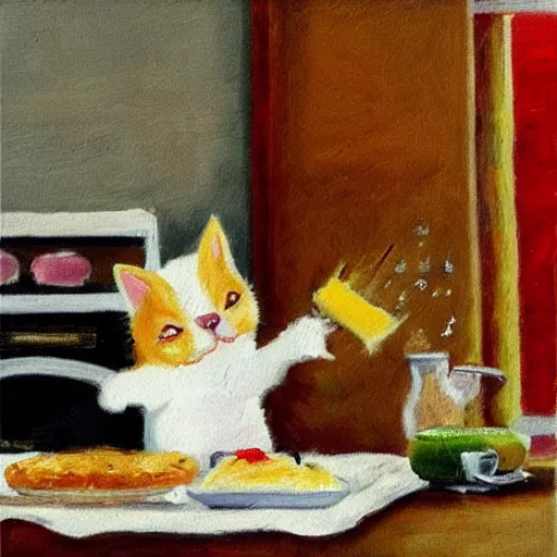 Prompt: a cute cat cooking a breakfast, impressionist painting, masterful