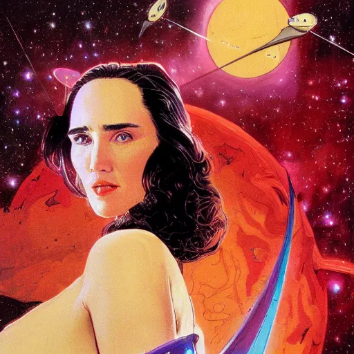 Prompt: Beautiful Jennifer Connelly as a badass space wizard in retro science fiction cover by Moebius, detailed, trending on artstation, close up