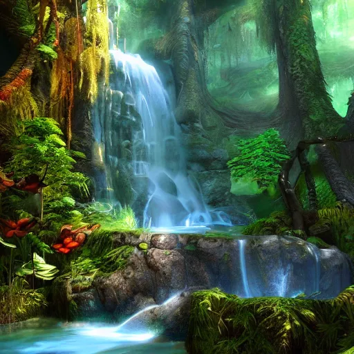 Prompt: fantasy waterfall in the forest, artstation, unreal engine, by yaoy kusama, by yoshitaka amano, in a symbolic and meaningful style