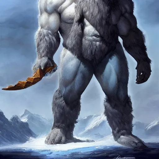 Image similar to north mythology concept art painting of ice gigant ymir the ancestor of all giants by james gurney, trending on artstation, detailed