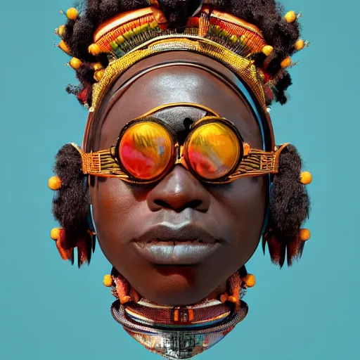 Prompt: colourful vfx upper half - portrait - art of a african tribal chief wearing steam punk goggles, art by utagawa kunisada & james jean, symmetrical, intricate detail, concept art, volumetric light, ray tracing, caricature, digital illustration, octane 3 d render, unreal engine, sharp, 8 k post process, pinterest, behance, art station,