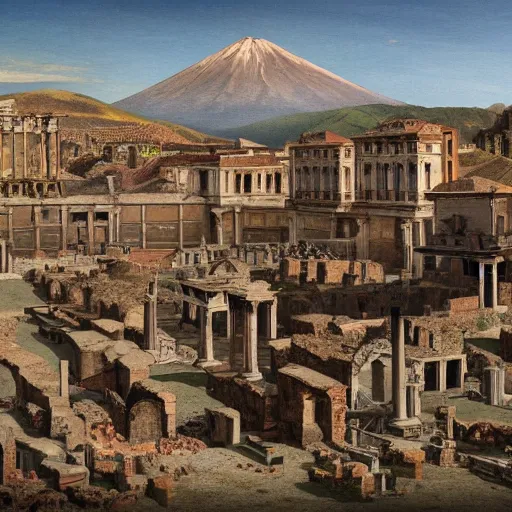 Prompt: the deserted roman settlements of pompeii before the eruption of mount vesuvius in the style of martinus rørbye, 8 k, hyperdetailed, artstation