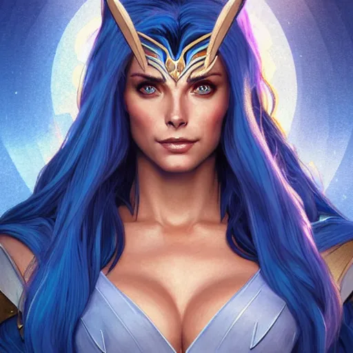 Image similar to Ashley Greene with blue hair as She-Ra, western, D&D, fantasy, intricate, elegant, highly detailed, digital painting, artstation, concept art, matte, sharp focus, illustration, art by Artgerm and Greg Rutkowski and Alphonse Mucha