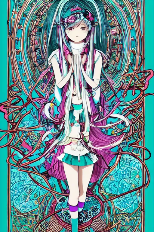 Image similar to hatsune miku, intricate, amazing line work, colorful, tarot cards, the devil tarot card