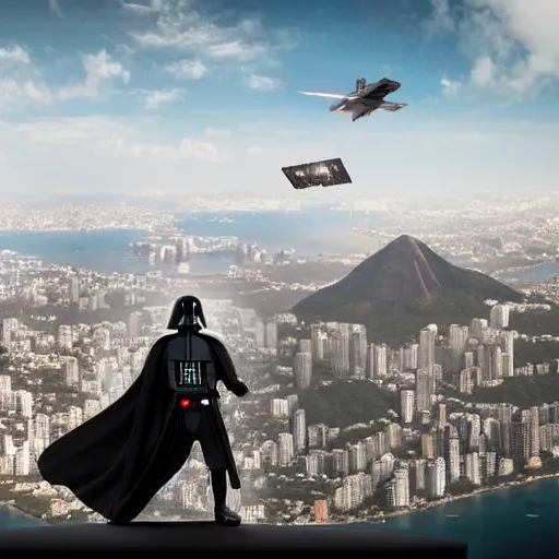 Image similar to a highly detailed picture of, the darth vader as the christo redentor dabbing over rio de janeiro and shouting poggers, ultrawide lens, art by john collier and albert aublet and krenz cushart and artem demura and alphonse mucha, volumetric lighting, octane render, 4 k resolution, trending on artstation, masterpiece