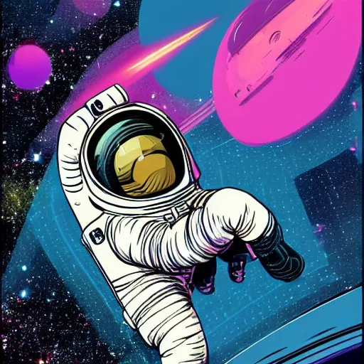 Image similar to Medium shot of an astronaut relaxing in space designed by Jack Kirby, digital art, cartoon art, acrylic, bokeh, synthwave, retro,