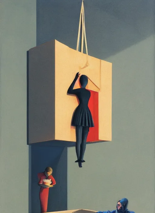 Image similar to isometric woman in a paper bag over the isometric head in isometric restaurant with a sward Edward Hopper and James Gilleard, Zdzislaw Beksinski, highly detailed