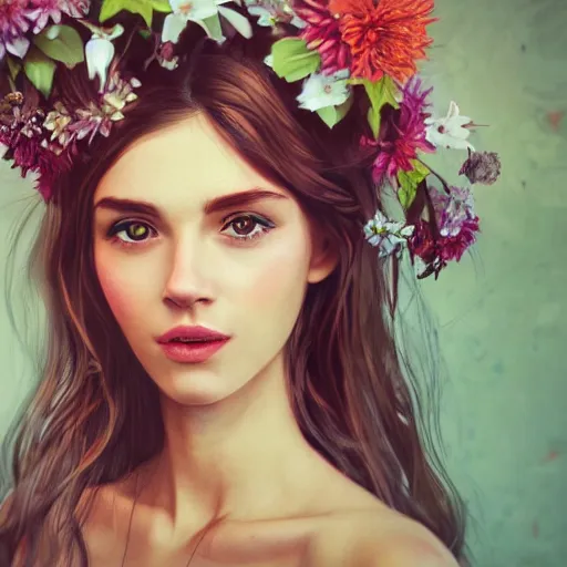 Prompt: a photorealistic portrait of a beautiful woman with flowers in her hair, artstation, outdoors