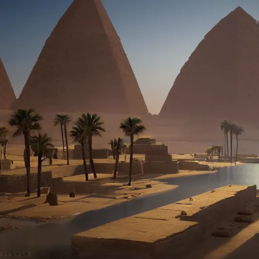 Image similar to ' ancient egypt city road with floating islands near the town, high - tech space cult, dramatic lighting, epic, octane render, volumetric light, unreal engine, artbreeder, 8 k, background, scene, digital, artwork, high quality, 8 k''