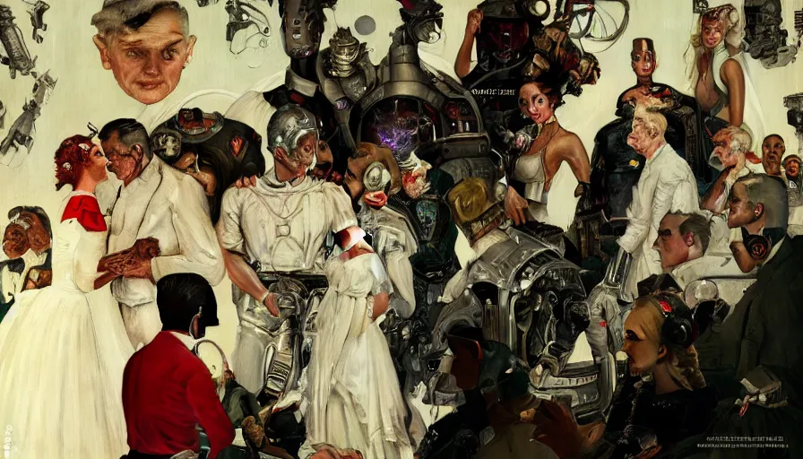 Image similar to A Norman Rockwell painting of cyborg wedding 2050s, amazing composition, cinematic lighting, high resolution, octane rendered, unreal engine, illustration, trending on artstation, masterpiece, 8k