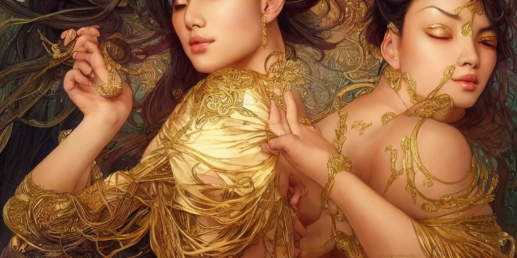 Image similar to asian nymph bald goddess, flowing golden silk twisting with whiten tattoos of cursive sigils on her opalescent skin, fantasy, intricate, very beautiful, elegant, golden light, highly detailed, art by artgerm and greg rutkowski and alphonse mucha