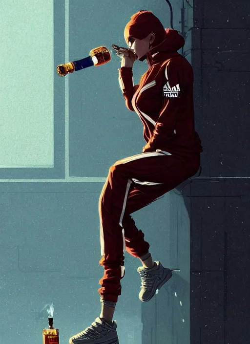 Image similar to russian slav heroine wearing an addidas tracksuit squatting with whiskey in one hand and a cigarette in the other hand. by greg rutkowski and wlop, detailed, cinematic, artstation, 8 k, intricate, rule of thirds.