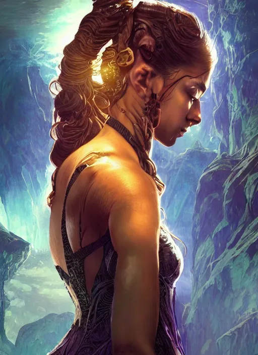 Prompt: altered carbon, Maya Ali as a sorceress, side view, tarot, sweat drops, fibonacci, insane, prismatic, intricate, highly detailed, digital painting, artstation, concept art, smooth, sharp focus, illustration, Unreal Engine 5, 8K, art by artgerm and greg rutkowski and alphonse mucha