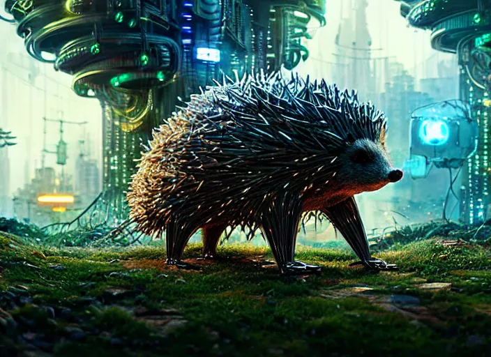 Prompt: giant intricate mechanical hedgehog with cybernetic enhancements and visible gears and fiber optics, on the background of a weird magical mechanical forest. Very detailed 8k. Fantasy cyberpunk horror. Sharp. Cinematic post-processing. Unreal engine. Nanite. Ray tracing. Parallax. Tessellation