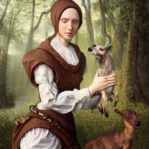 Image similar to A masterpiece ultrarealistic ultradetailed portrait of a Incredibly beautiful maid baroque renaissance swamp nun girl hunting on deer with russian greyhound medium shot, intricate, elegant, highly detailed. trending on artstation, digital art, by Stanley Artgerm Lau, WLOP, Rossdraws, James Jean, Andrei Riabovitchev, Marc Simonetti, Yoshitaka Amano. background by James Jean and Gustav Klimt, light by Julie Bell, 4k, porcelain skin.