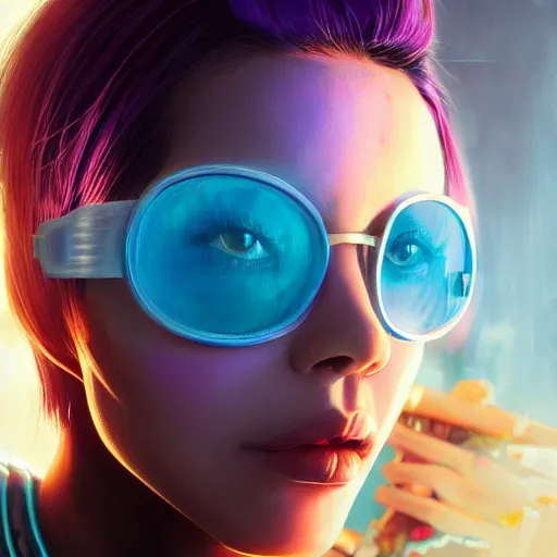 Image similar to very detailed masterpiece closeup painting of a very beautiful young indonesian cyberpunk woman with light blue shutter shades, one side haircut, brown hair with light blue ends, purple leather jacket, beauty mark on cheek, portrait, synthwave background, artstation, concept art by greg rutkowski