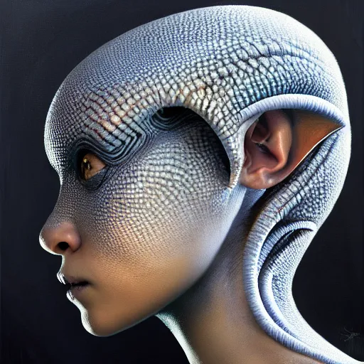 Prompt: ultra realist soft painting of a single attractive alien female, black scales, symmetry accurate features, very intricate details, focus, curvy, artstyle hiraku tanaka and craig mullins, award winning