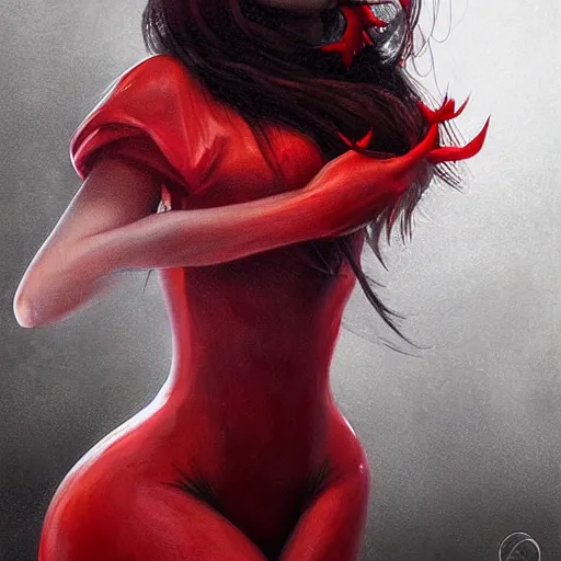 Image similar to portrait of musuclar selena gomez latex dress, blood red eyes, vampire fangs, fantasy, intricate, elegant, highly detailed, digital painting, artstation, concept art, matte, sharp focus, illustration, octane render, unreal engine, art by aenaluck and roberto ferri and greg rutkowski, epic fantasy, digital painting