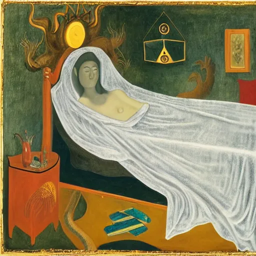 Prompt: portrait of a young sleeping dragon, dimmed light golden foil bed, Leonora Carrington painting