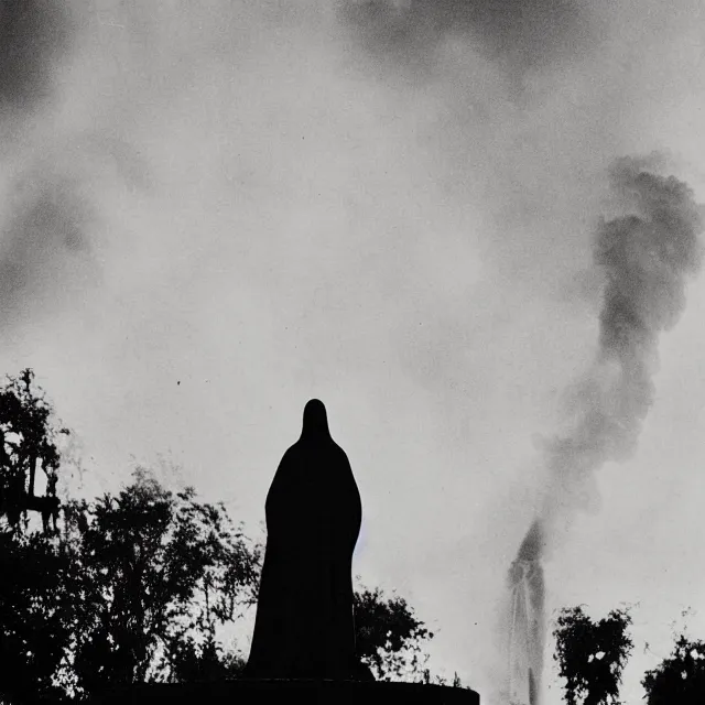 Image similar to statue of mother mary, black and burned and on fire, ultramax photograph