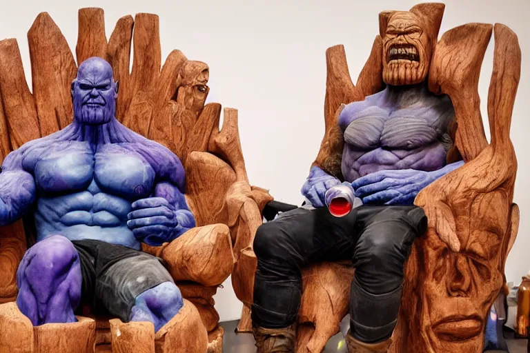 Prompt: thanos relaxing in an armchair sipping a coca cola, professional woodcarving, sculpture, art exhibition