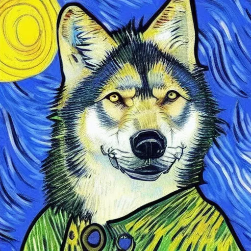 Image similar to retard wolf, van gogh, vivid colors, portrait paintin,