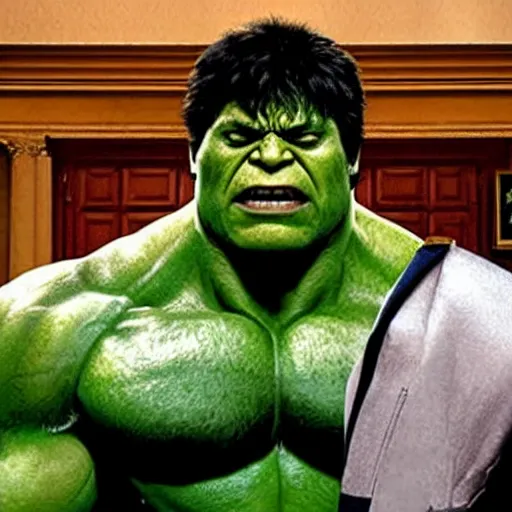 Prompt: the incredible hulk as the president, oval office