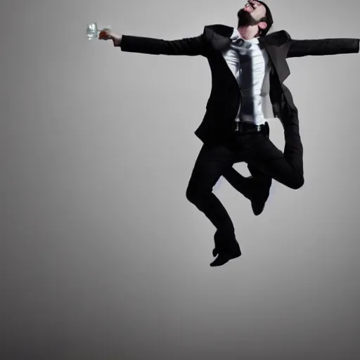 Prompt: a portrait of a man boisterously dancing around the room by himself holding an empty wine bottle as he jumps in the air, fine detail, dramatic lighting, award-winning photo UHD, 4K