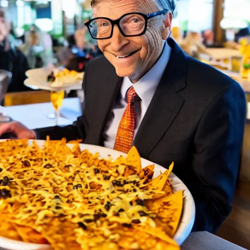 Image similar to bill gates smiling down at a huge plate of cheesy nachos, candid photography