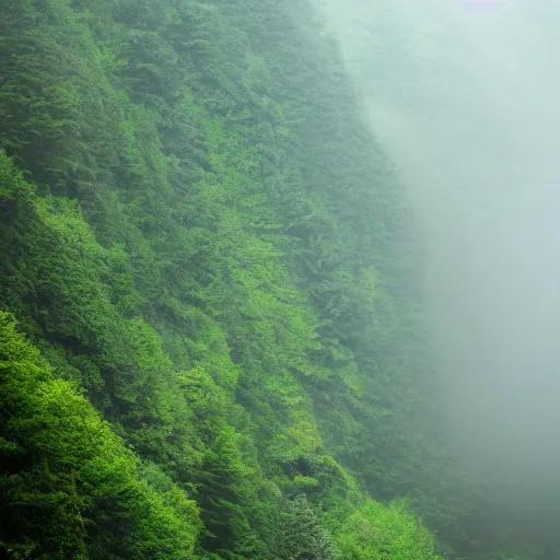 Image similar to emerald urban canyon evergreen forest in fog