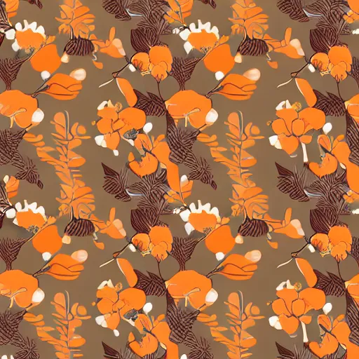 Image similar to repeating fabric pattern, minimalistic, miniature tiny orange and peach color flowers, brown vines and leaves
